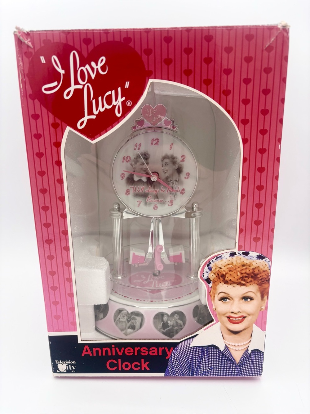 IN BOX I Love Lucy Anniversary Clock Pink Collectible TV Memorabilia Glass Dome